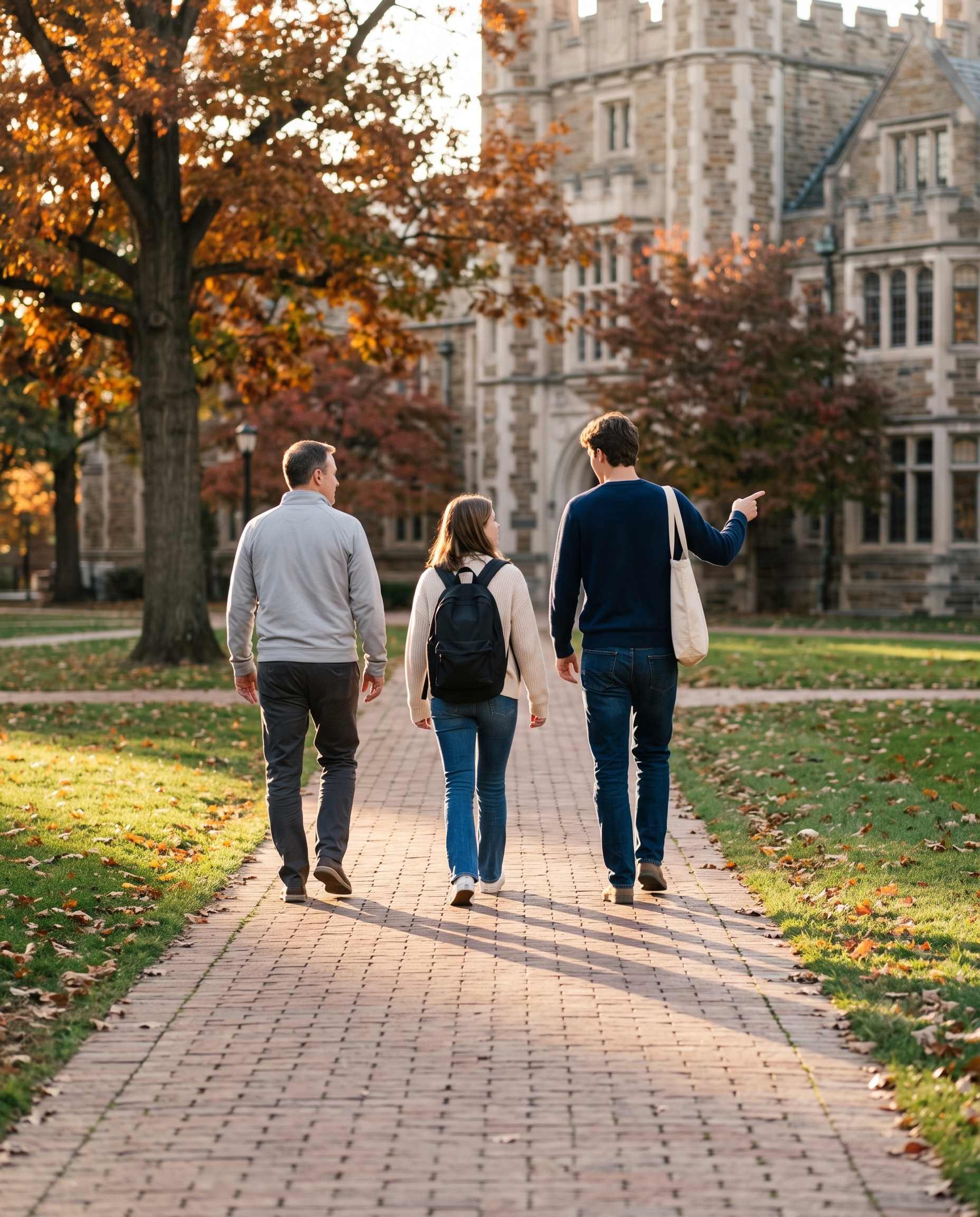 A student guide pointing out a campus building to a high school student and her father on an autumn walk.